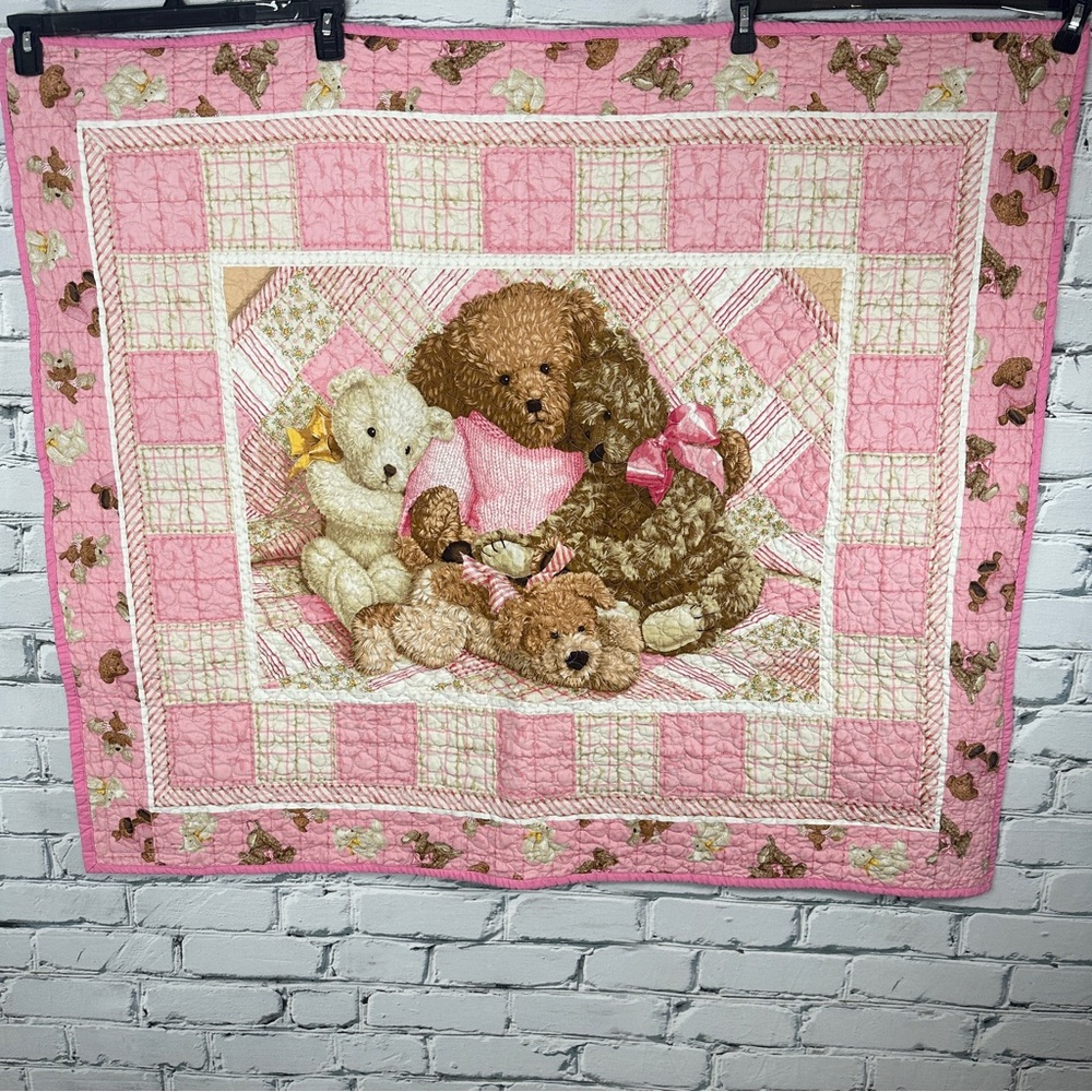 Teddy Bear Handmade Baby Quilt Crib Blanket 38”x43” Patchwork Pink White Nursery - Picture 2 of 8